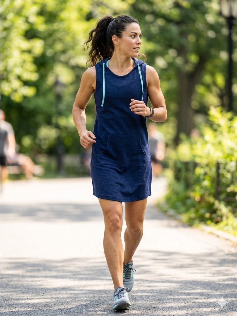 ZELOS Navy Hooded Kangaroo Pocket Sleeveless Dress with Aqua Drawstrings (M)